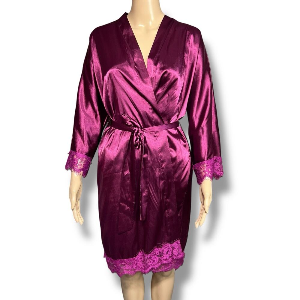 Besdel Womens Silky Robe Pajama Sleepwear Lace Accent Pockets Tie Closure Pink L